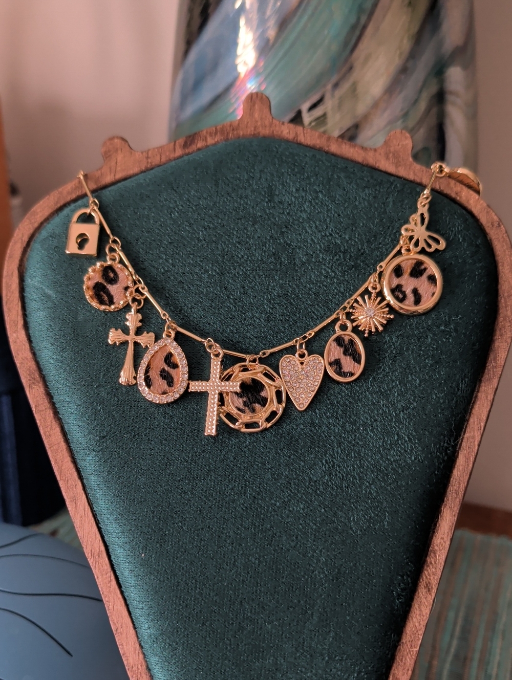 Gold-Tone Leopard Print Charm Necklace - Women Jewelry